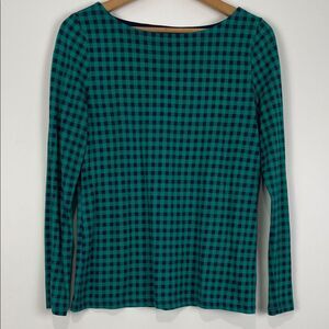 Talbots Women’s Small Boatneck Teal Checkered Shirt Navy